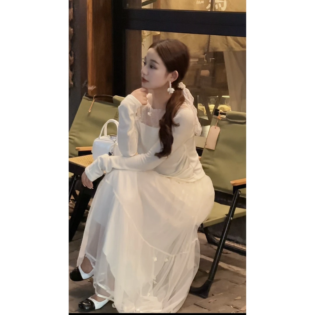 【艺术美人】设计感小众网纱拼接不规则褶皱修身花朵套装WL6TZ6237