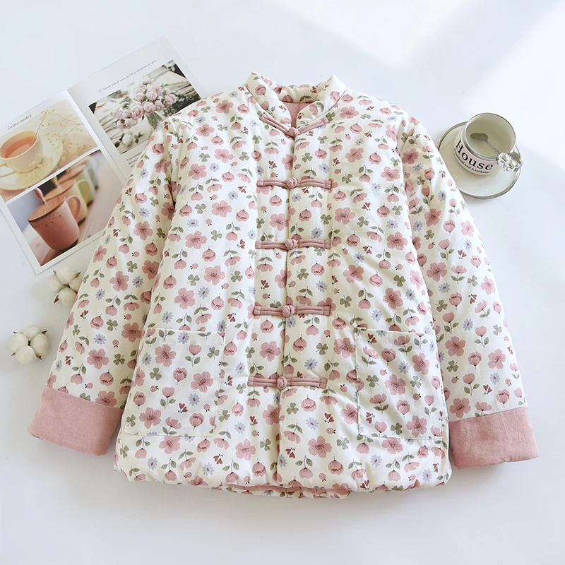 49小碎花棉花袄 山东保暖棉服手工盘扣冬季女厚款成人棉衣