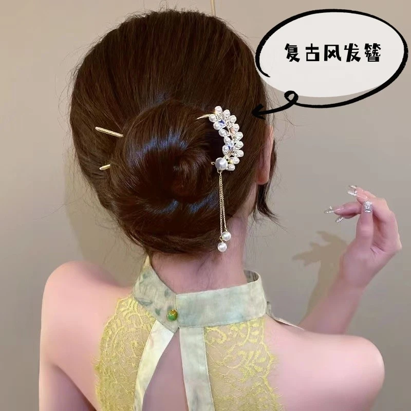 超仙新中式国风旗袍梳发簪盘头发簪子百搭珠珠古风簪子珠珠盘发簪