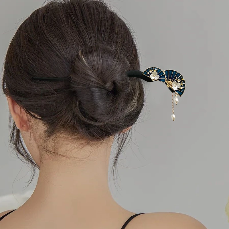 国风复古双扇子流苏发簪茶服旗袍国潮头饰簪子白贝花朵檀木发簪女