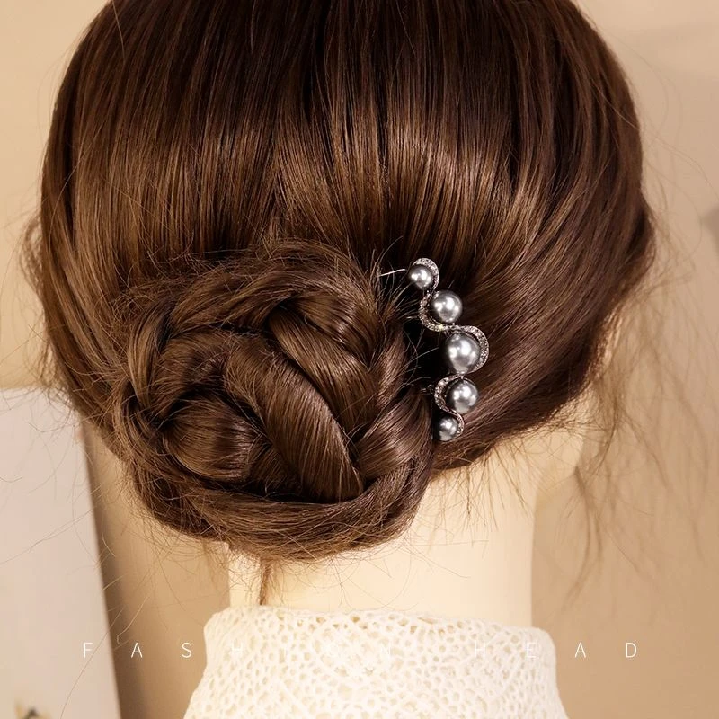 现代气质丸子头U型珍珠流苏发簪盘发神器女发钗插梳簪子发夹发饰