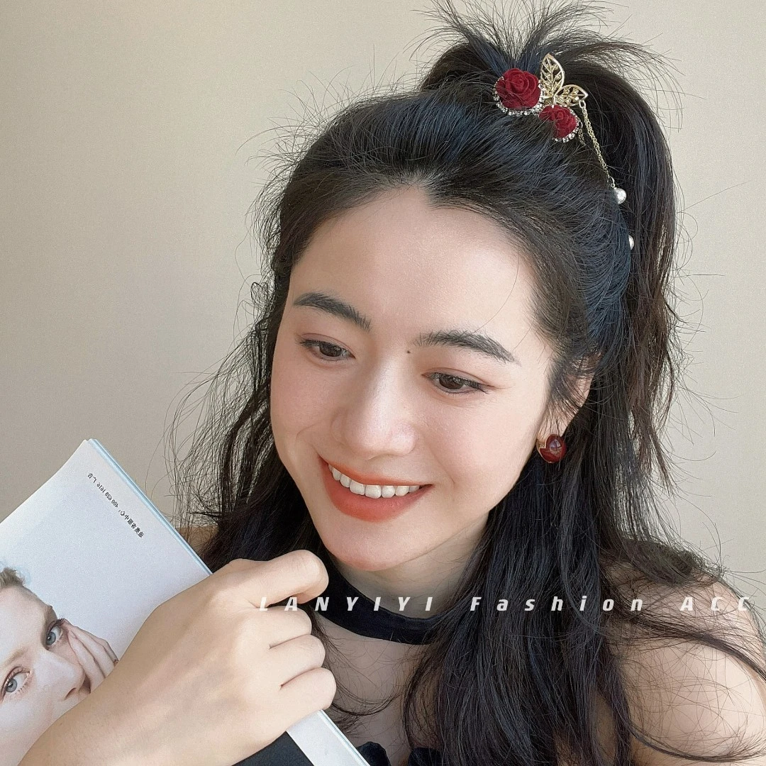 锌合金发饰 红色浪漫植绒玫瑰满钻后脑勺半抓夹流苏发饰发夹樱桃