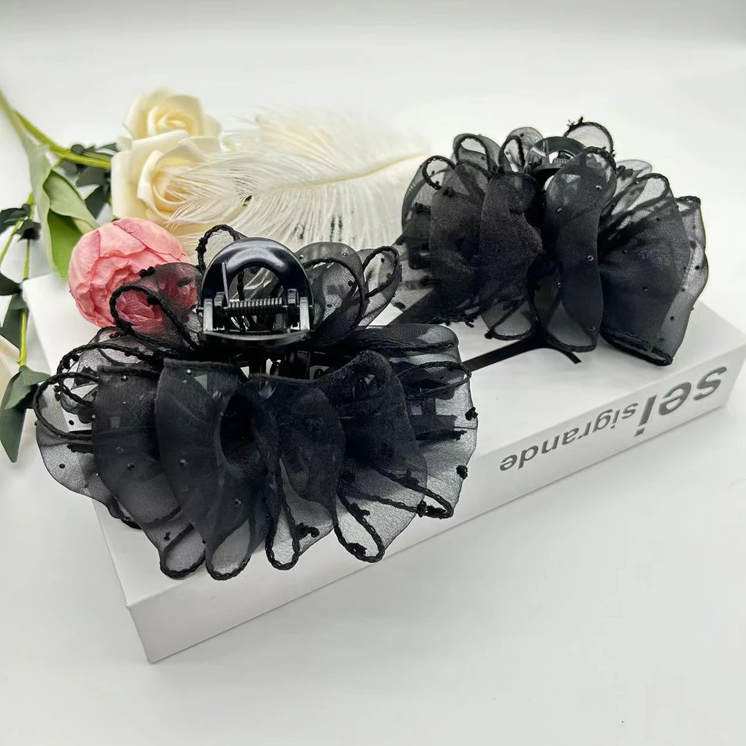 满天星泡泡抓夹亚克力发饰气质复古百搭欧根纱黑色盘发鲨鱼夹