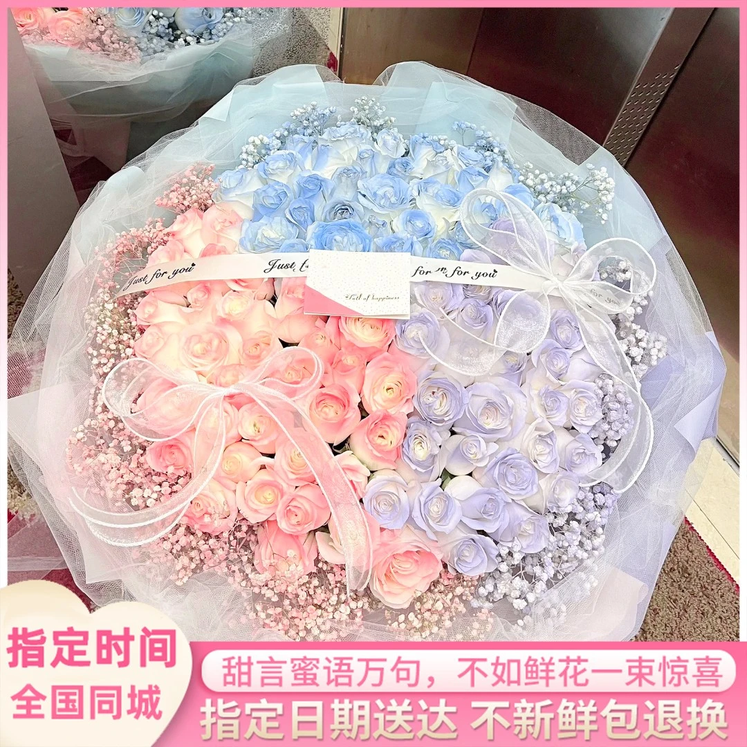 真花蓝粉拼色双色玫瑰花束女友表白生日鲜花速递全国花店同城配送