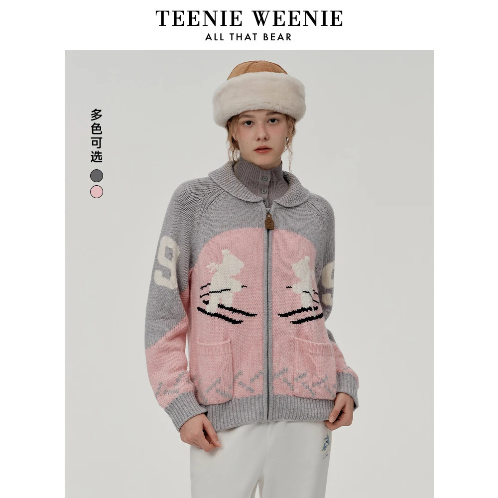 TeenieWeenie小熊女装24冬季慵懒风撞色嵌花针织开衫TTCK248C33N