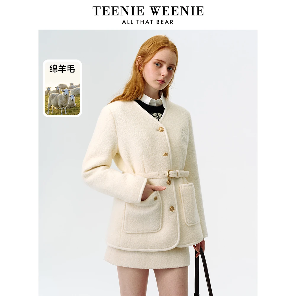 TeenieWeenie小熊24冬新款法式夹棉V领小香风毛呢大衣TTJW244C02P