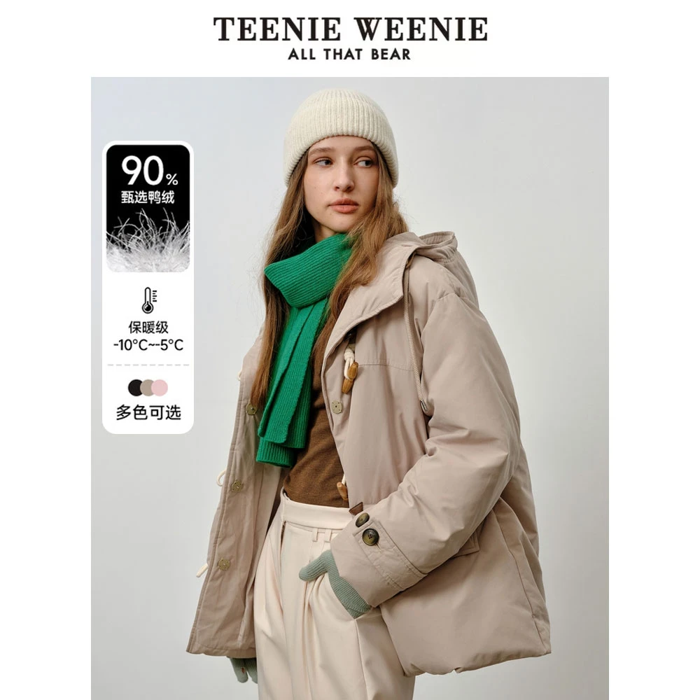 TeenieWeenie小熊24学院风牛角扣连帽中长款羽绒服女TTJD248C19I