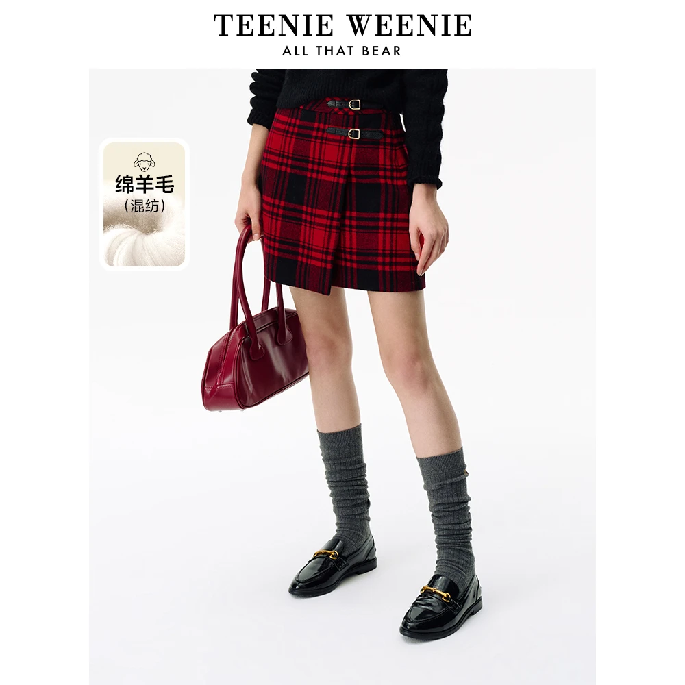 TeenieWeenie小熊24冬新款新年红色氛围感格纹半身裙TTWH244C02P