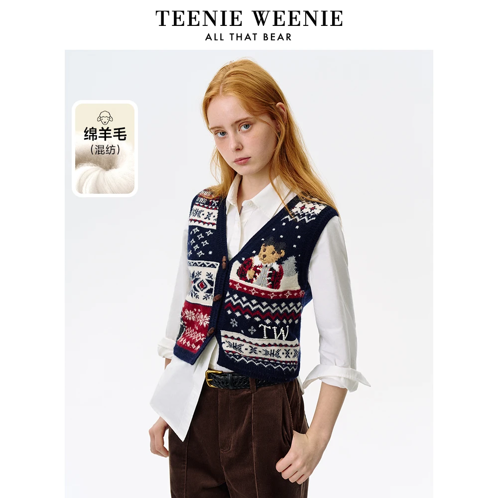 TeenieWeenie小熊24秋冬宽松洋气提花针织马甲背心女TTKN244C01P