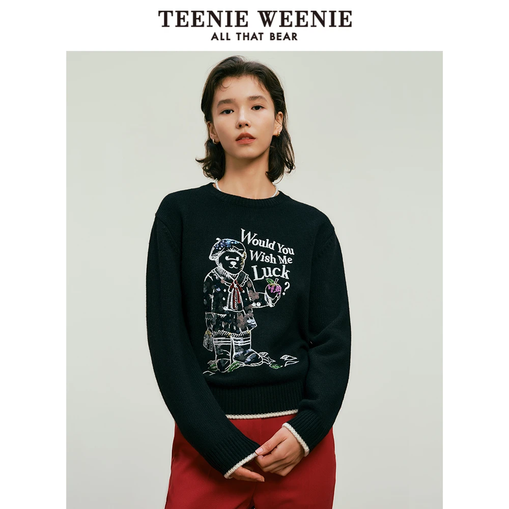 TeenieWeenie小熊卡通毛衣2024年早春新款针织衫女TTKW245101I