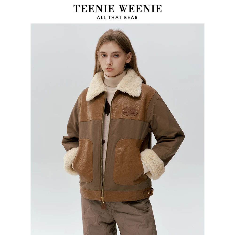 TeenieWeenie小熊时尚女装外套20压花皮革标翻领拼接TTJJ248C19N