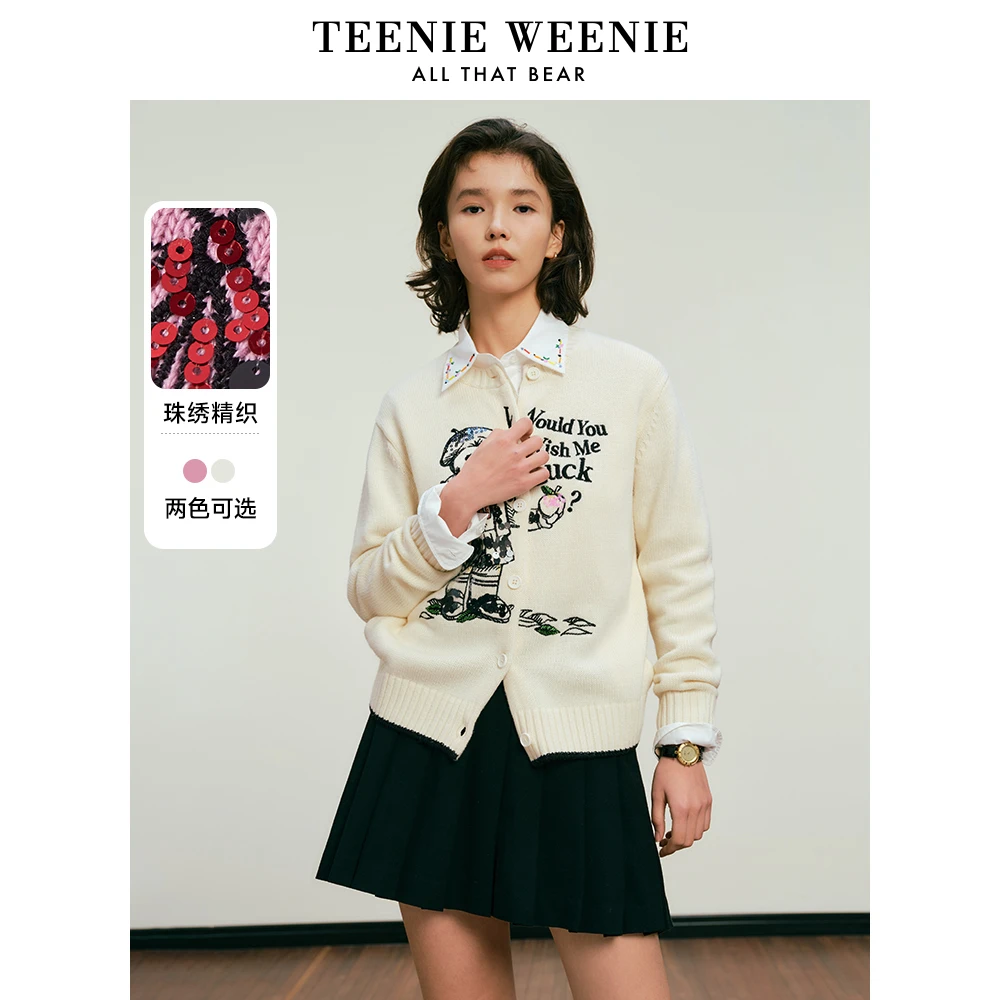 TeenieWeenie小熊卡通毛针织衫24年早春新款珠绣开衫TTCK245102N