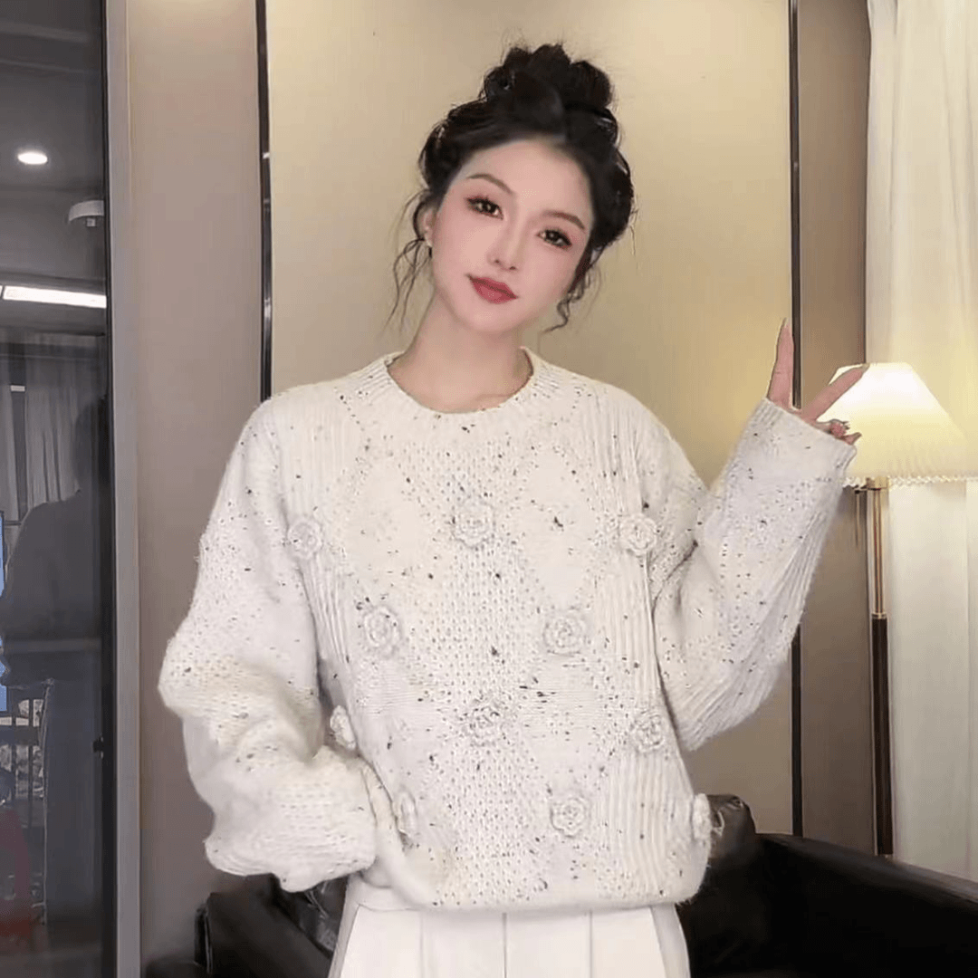 秋冬百搭宽松圆领重工花朵毛衣YY-8456