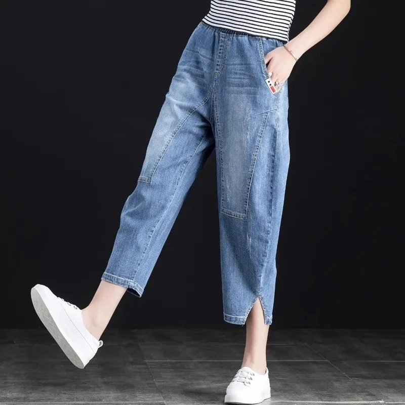 松紧腰七分牛仔裤2024宽松高腰新款八分小个子老爹爆款哈伦萝卜裤