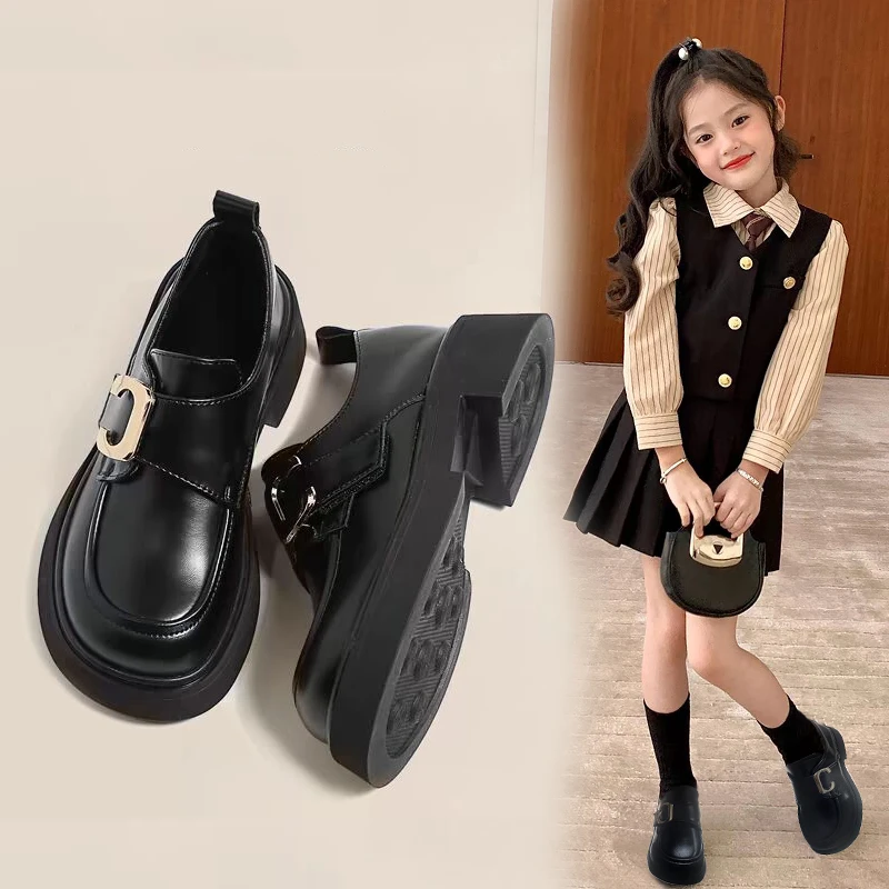 女童鞋乐福鞋2025新款春季英伦风金属扣小皮鞋儿童公主鞋黑色单鞋