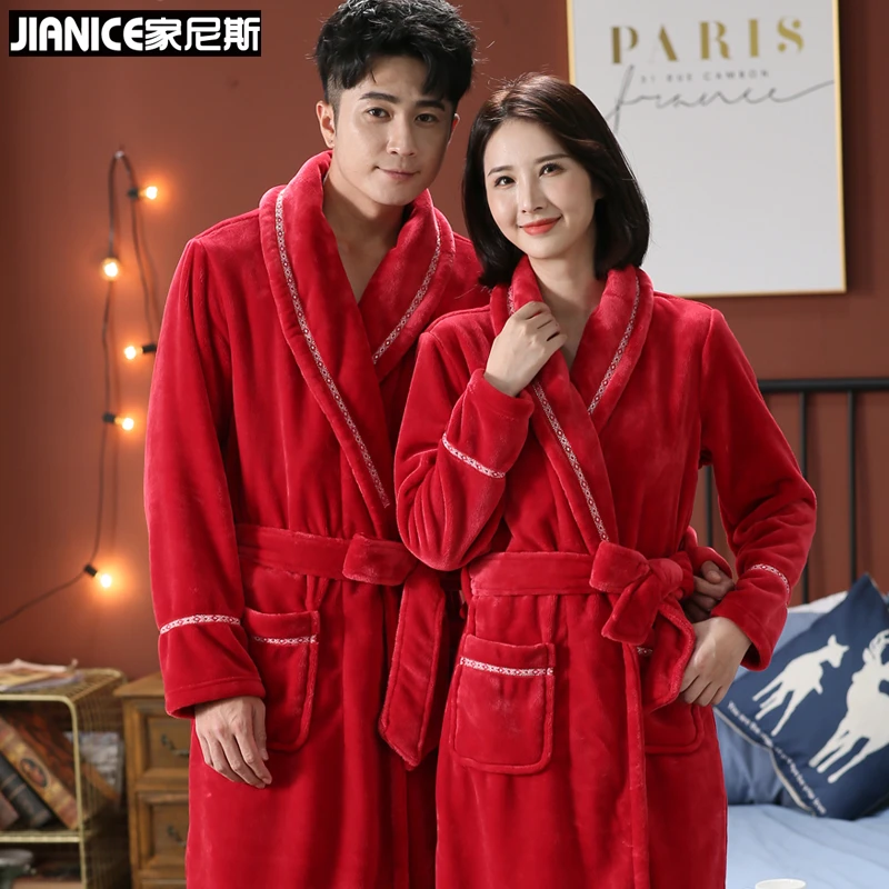 结婚晨袍秋冬季红色加厚加长款睡袍法兰绒情侣睡衣女士加绒浴衣