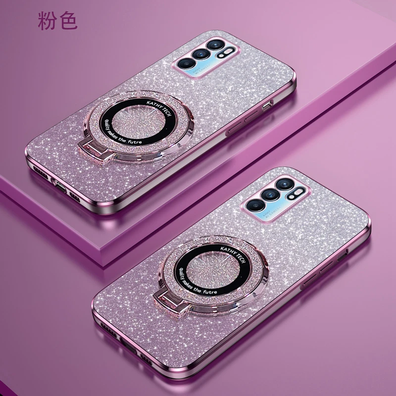 OPPOReno6新款电镀渐变细闪全包防摔磁吸支架壳
