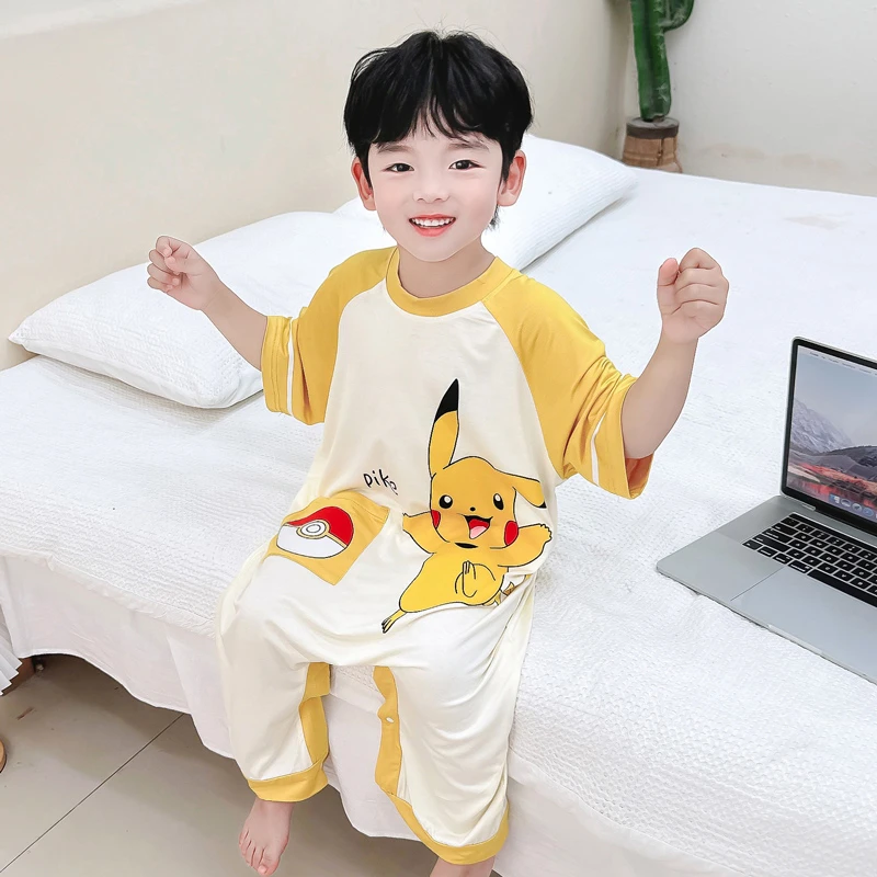 男童连体睡衣夏季莫代尔薄款皮卡丘男孩空调服宝宝爬服儿童家居服