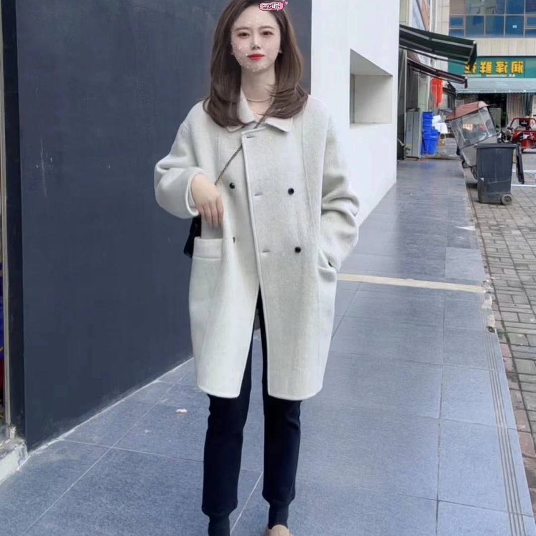 双面羊毛大衣百搭气质宽松毛呢中长款双面呢秋冬