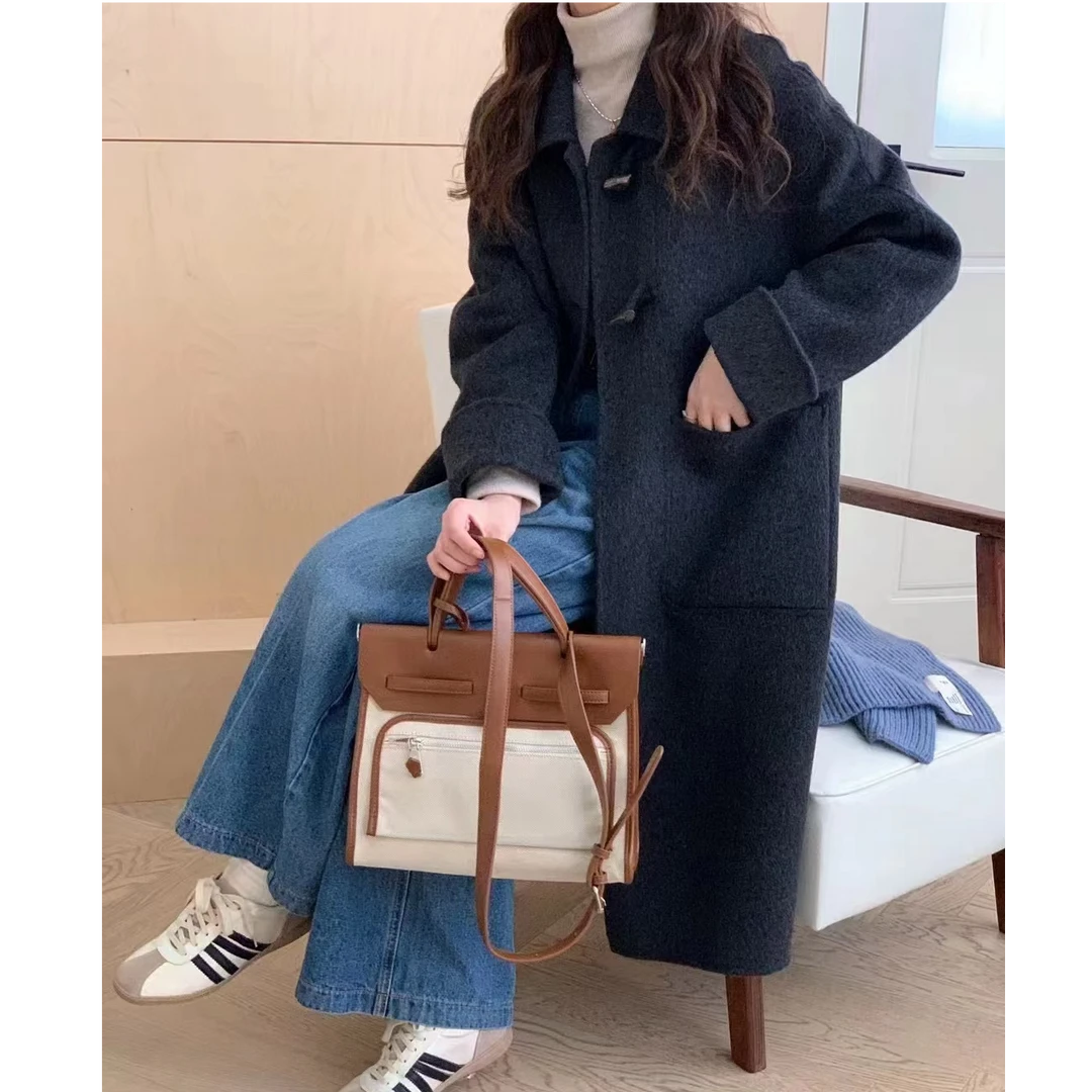 秋冬牛角扣双面羊毛大衣 中长款韩版气质网红时尚