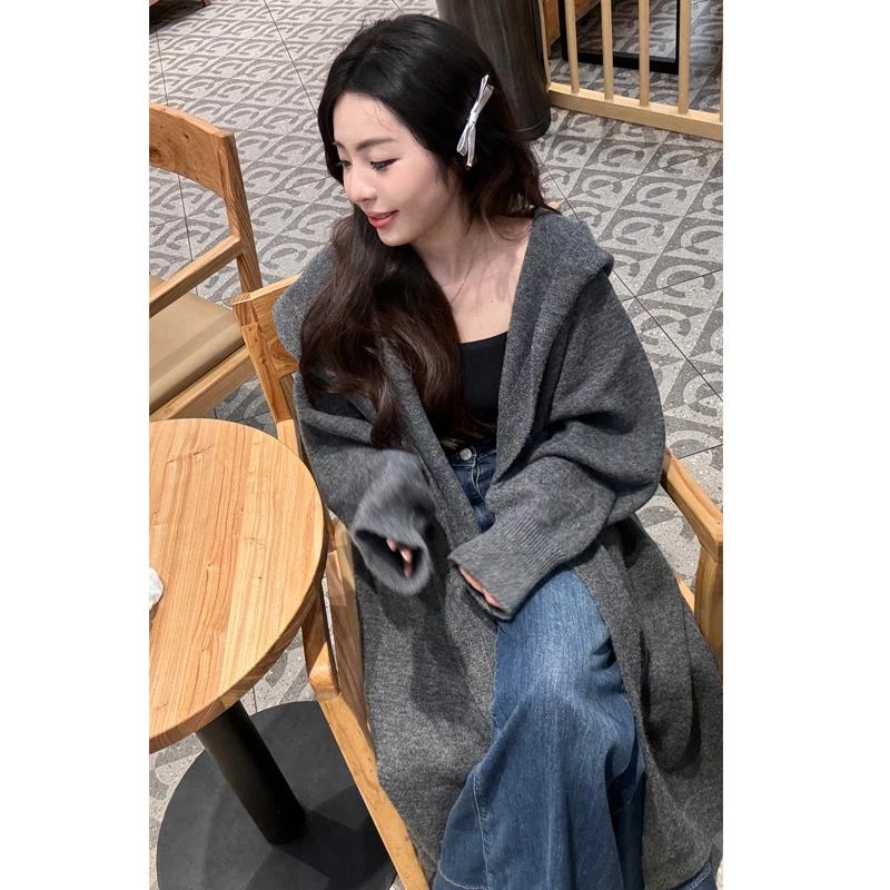 2024新款开衫长款针织衫大码连帽百搭宽松慵懒风韩版秋冬外套