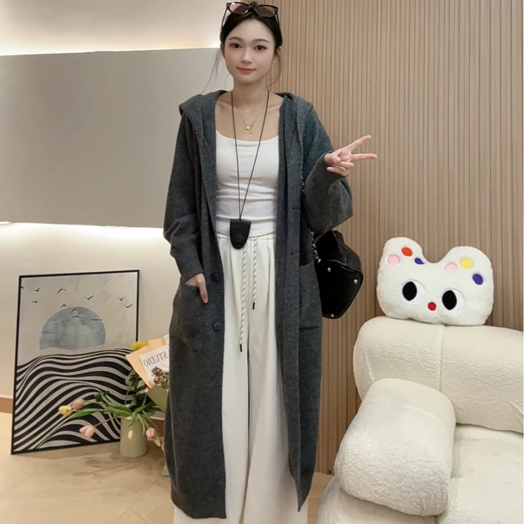 【口袋连帽】2025春新款连帽长毛衣开衫中长款针织衫百搭慵懒风