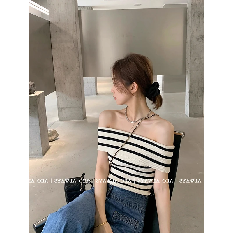 一字肩条纹露肩短袖针织衫女春夏季薄款内搭打底衫一字领短款上衣