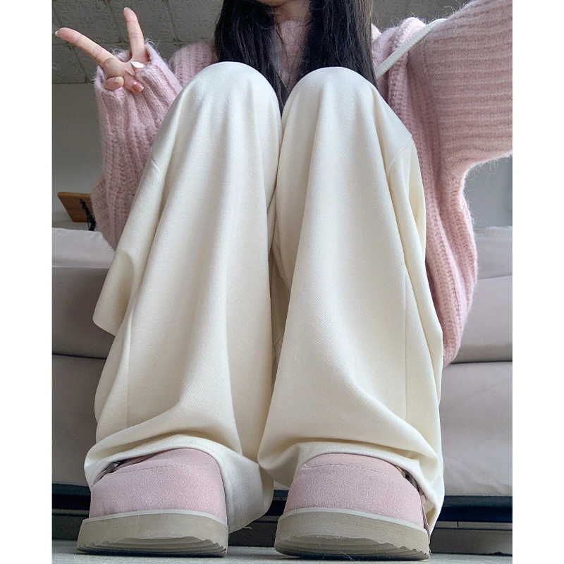 白色仿羊绒阔腿裤子女2024新款秋冬季高腰直筒宽松阔腿慵懒糯米裤