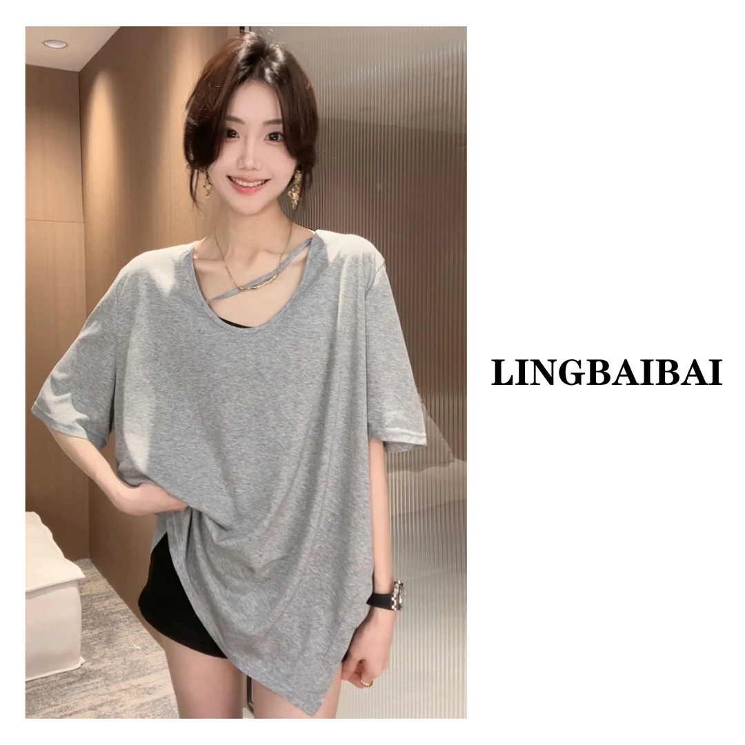 【开叉U领】设计感大领口oversize高级感春夏宽松小众薄款短袖T恤女