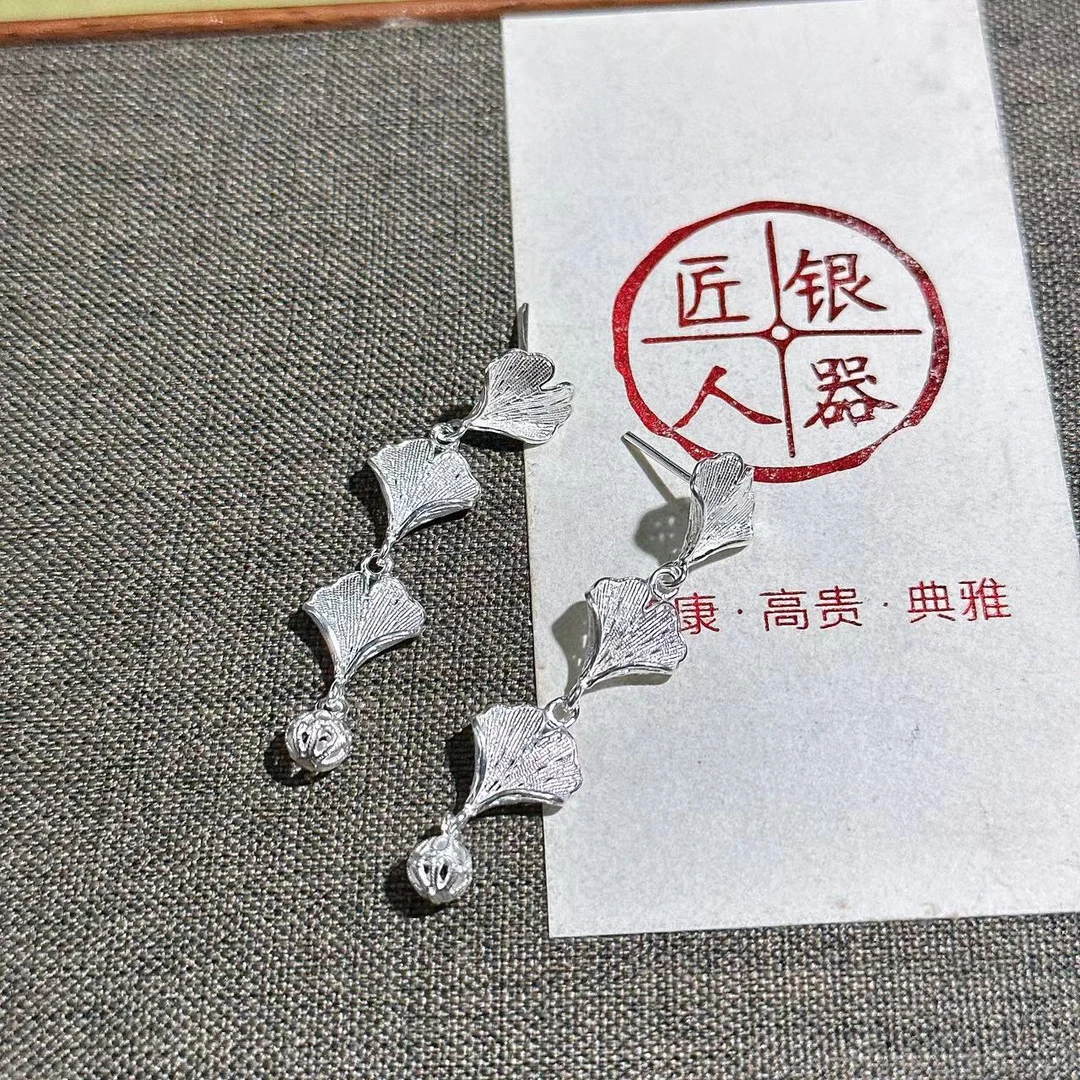 足银耳饰 花丝【三生有幸】银杏叶绣球耳钉