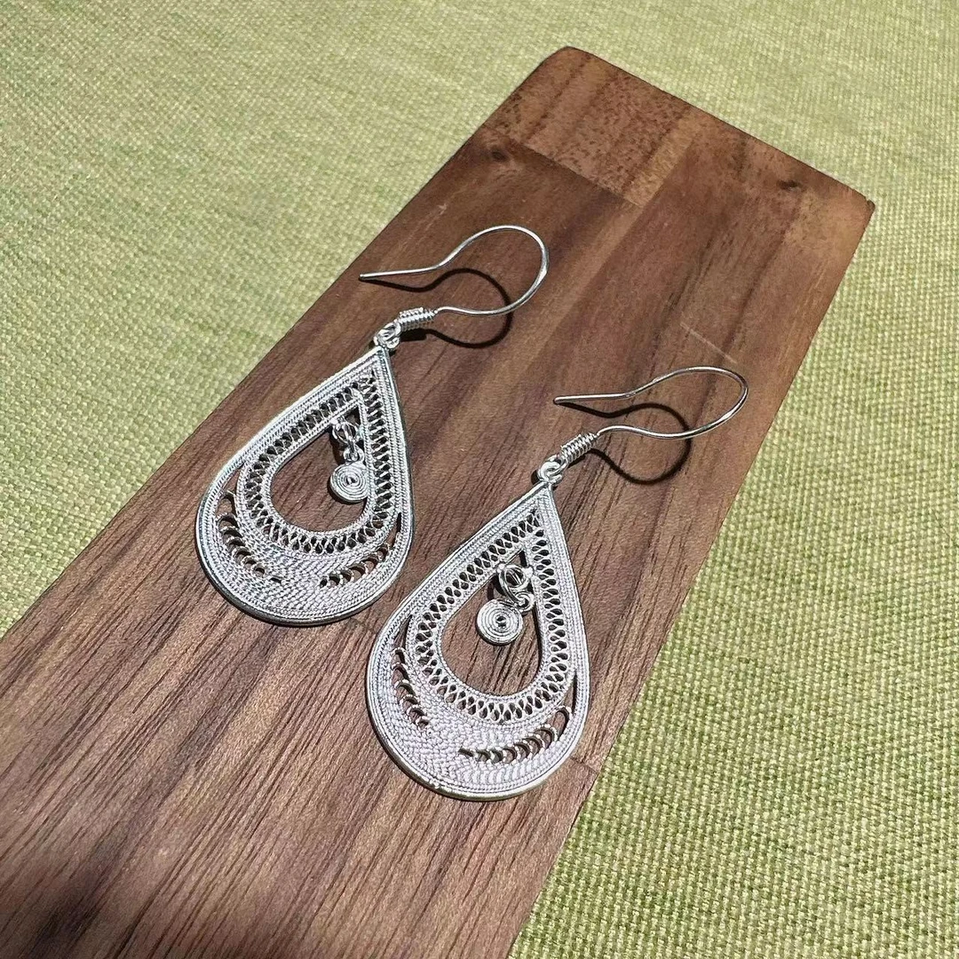 铭铭有你 足银耳饰 大水滴圆盘 民族风耳钩