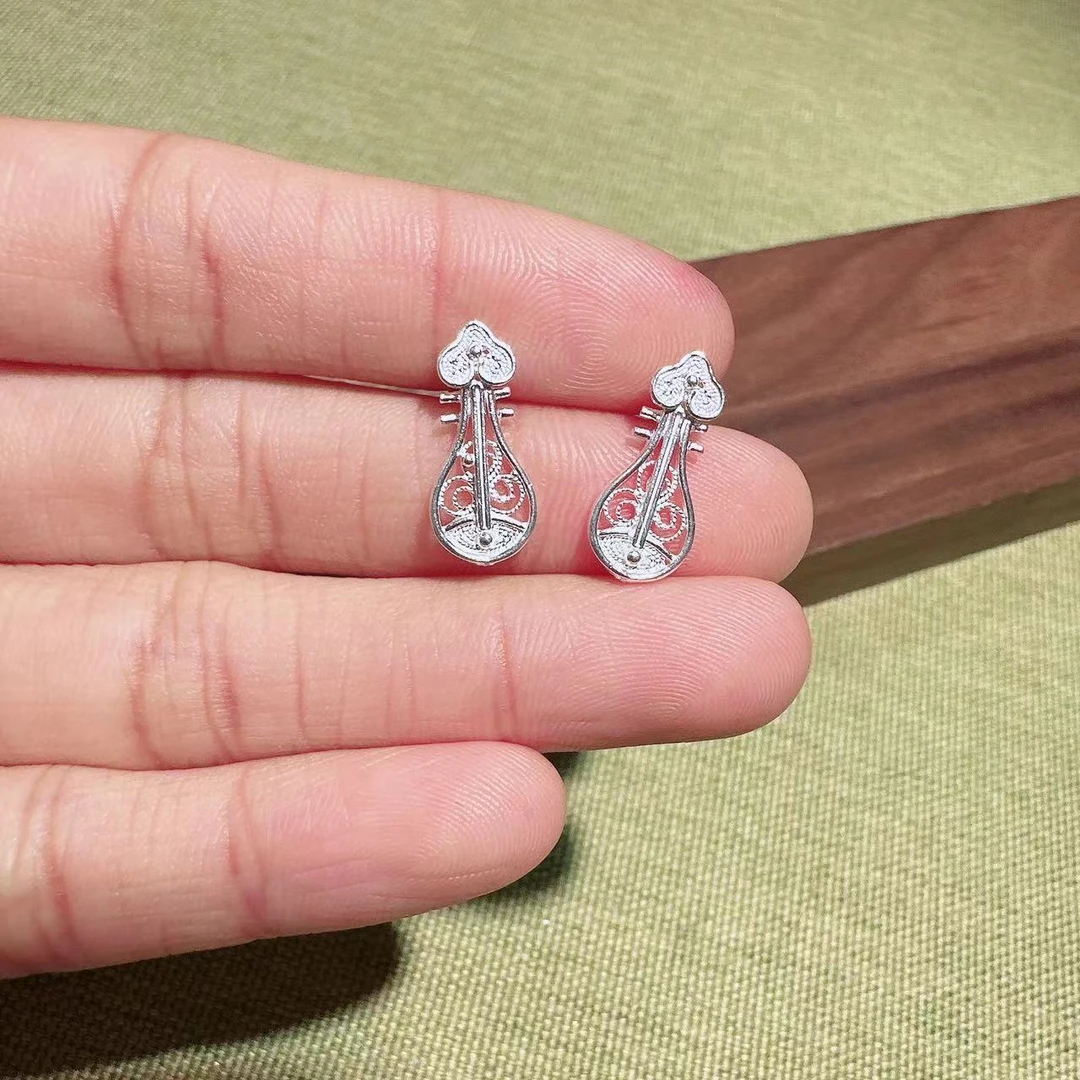 足银耳饰 花丝工艺 琵琶耳钉