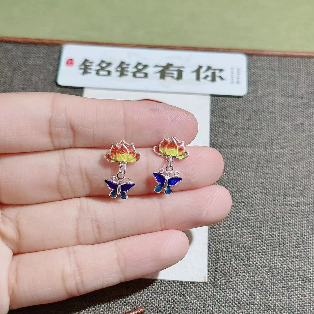 铭铭有你 足银耳饰 珐琅彩莲花 蝴蝶耳钉坠