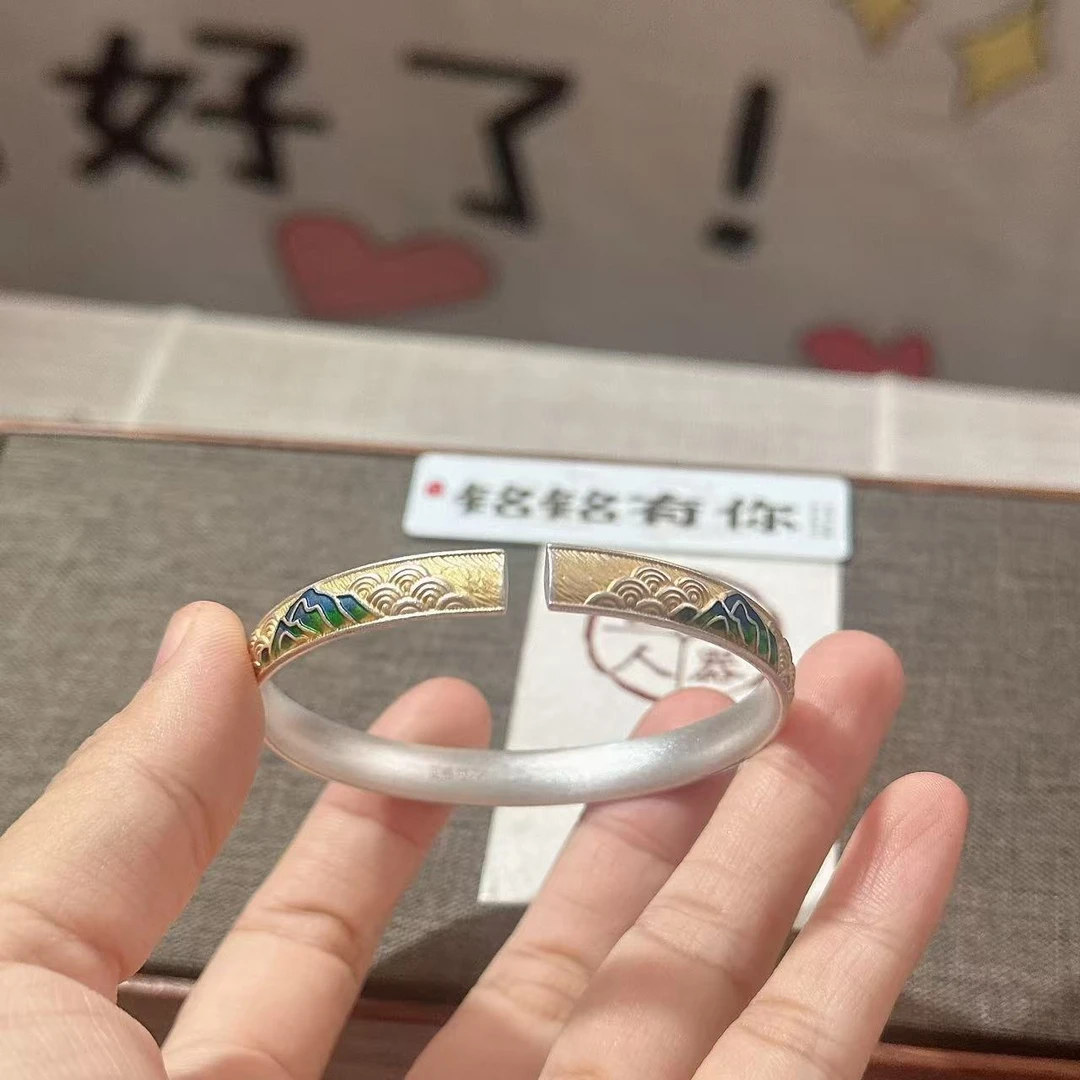 铭铭有你 足银手镯 足银999.9【千里江山】描金手镯