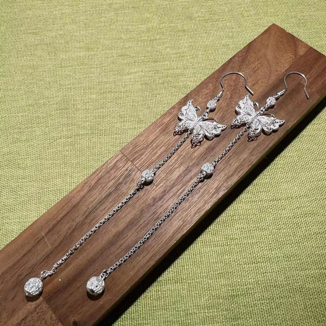 足银耳饰 花丝工艺 13厘米 大蝴蝶耳钩