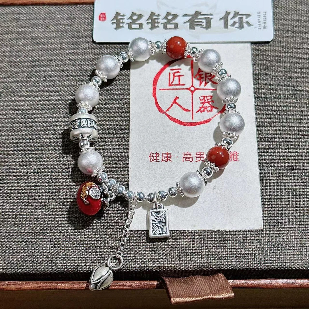 足银手链 小福袋 六字真言手链  9N古法珠 时尚复古百搭手串