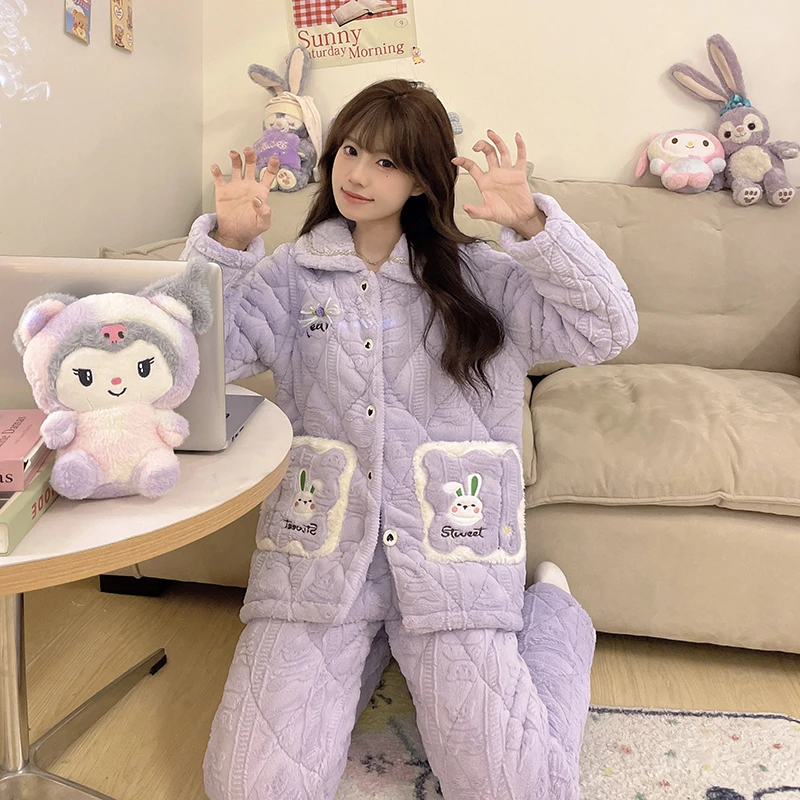 2024法兰绒冬季睡衣女三层夹棉超厚新款珊瑚绒睡衣保暖家居服套装