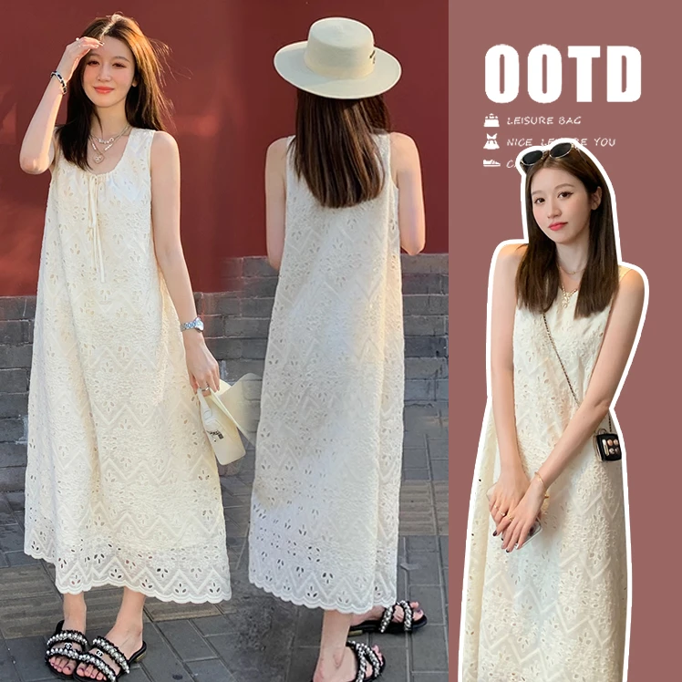 孕妇2024夏季新款孕妈设计感蕾丝宽松无袖中长款时尚吊带连衣裙