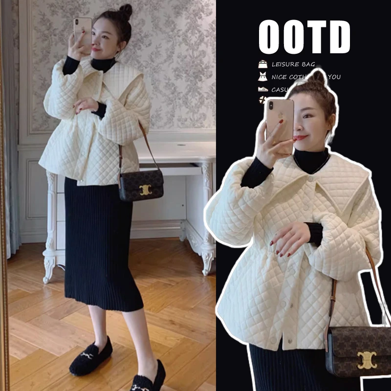 孕妇装2023秋冬新款菱格小香风孕妇棉服显瘦针织连衣裙两件套