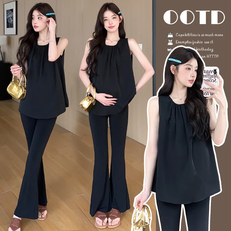 扶郎太太2024夏装韩版时尚圆领外出背心上衣舒适夏季托腹喇叭裤套