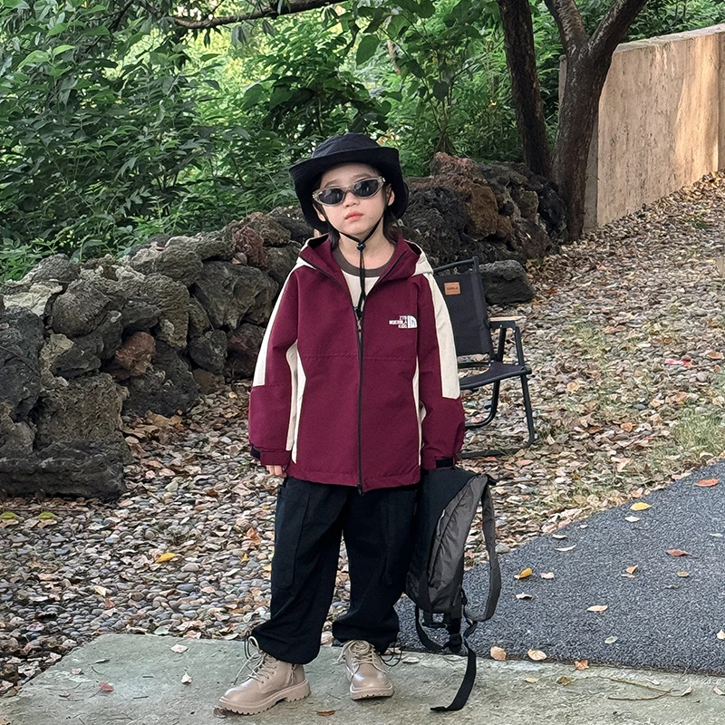 儿童外套春秋季户外风时尚休闲连帽开衫拼色外套上衣拼接