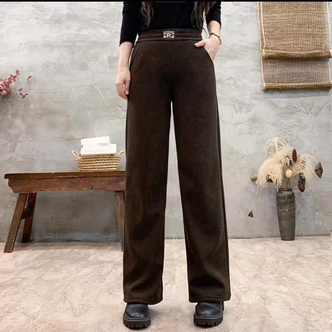 2023新款秋冬加绒弹力高腰休闲裤女百搭时尚减龄直筒裤