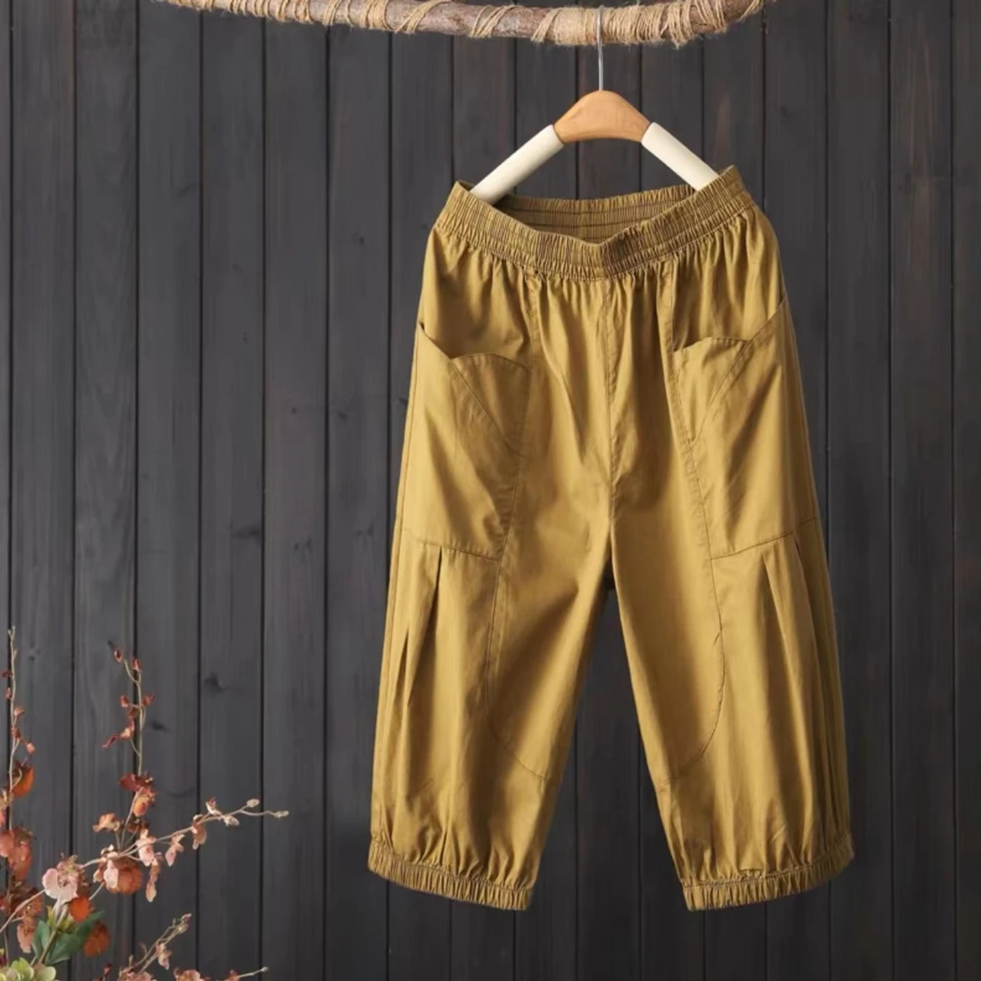 夏季薄款宽松休闲工装阔腿七分裤松紧腰百搭哈伦裤