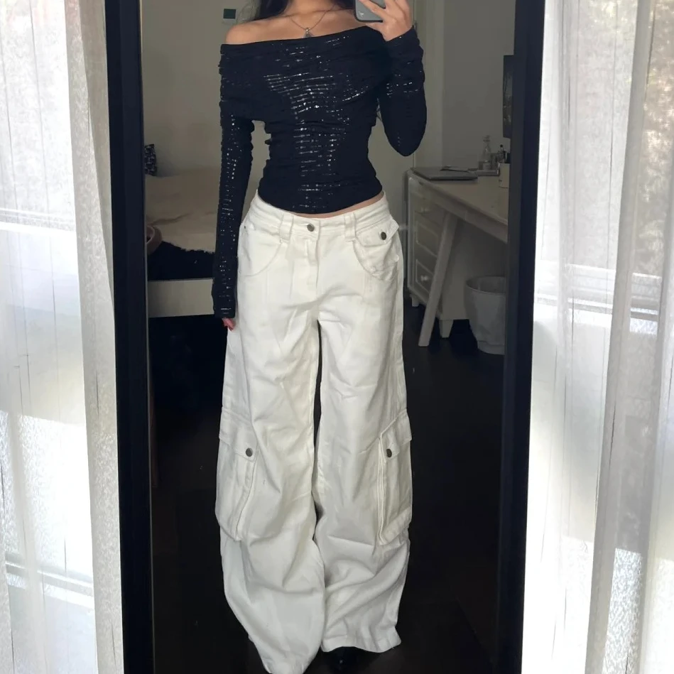 高腰百搭宽松显瘦白色裤子牛仔裤阔腿裤春季大口袋工装裤女薄款