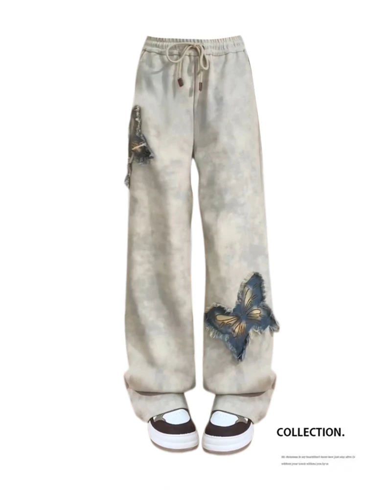 大码设计感美式蝴蝶刺绣休闲卫裤女百搭沙丘废土复古阔腿直筒长裤