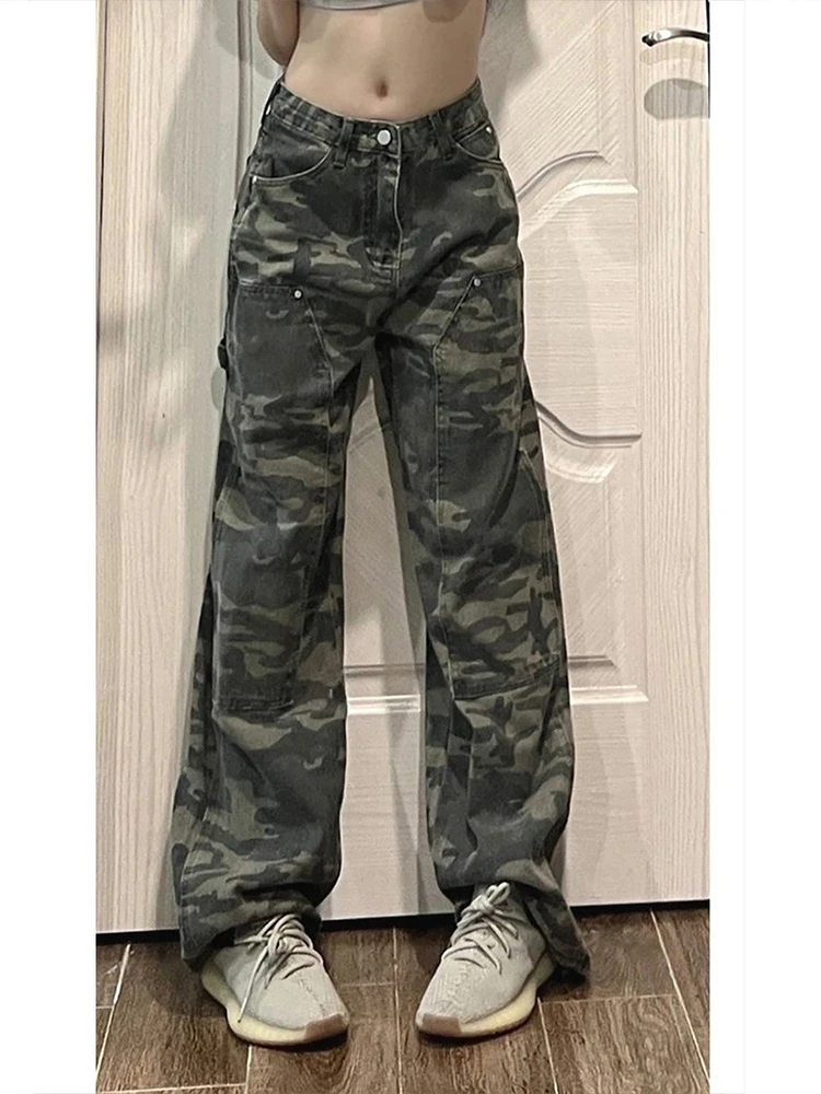大码美式复古迷彩牛仔裤女夏季设计感小众直筒长裤宽松阔腿裤子潮