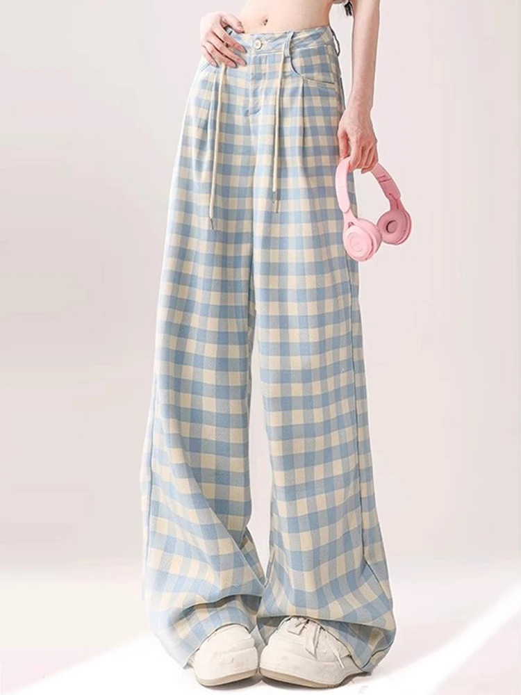 大码多巴胺蓝色休闲格子裤女秋季穿搭新款直筒宽松阔腿运动长裤子