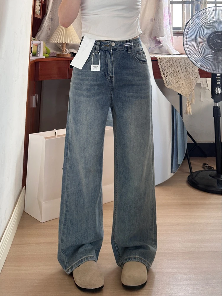 大码高腰设计感阔腿牛仔裤女宽松显瘦直筒裤夏季新款小个子拖地裤