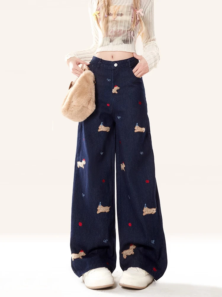 大码小狗刺绣直筒牛仔裤女秋季款日常新中式高腰复古宽松阔腿长裤