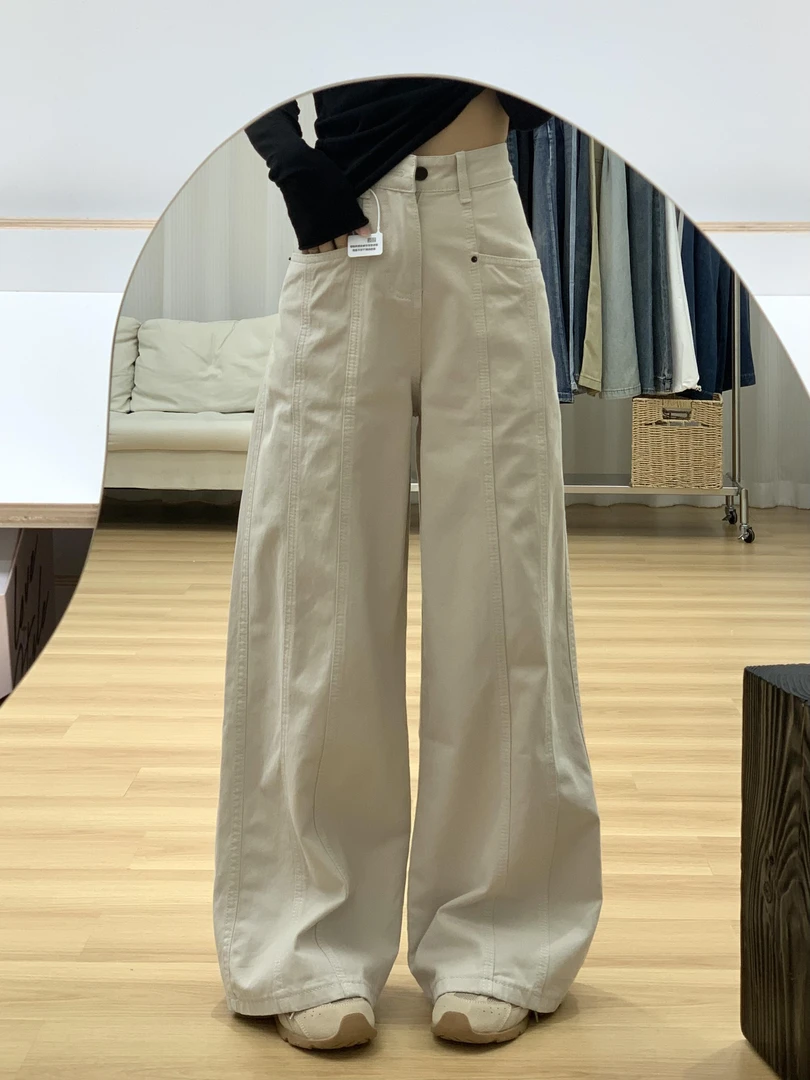 大码宽松显瘦直筒休闲牛仔裤女春季美式复古vibe米杏色阔腿工装裤